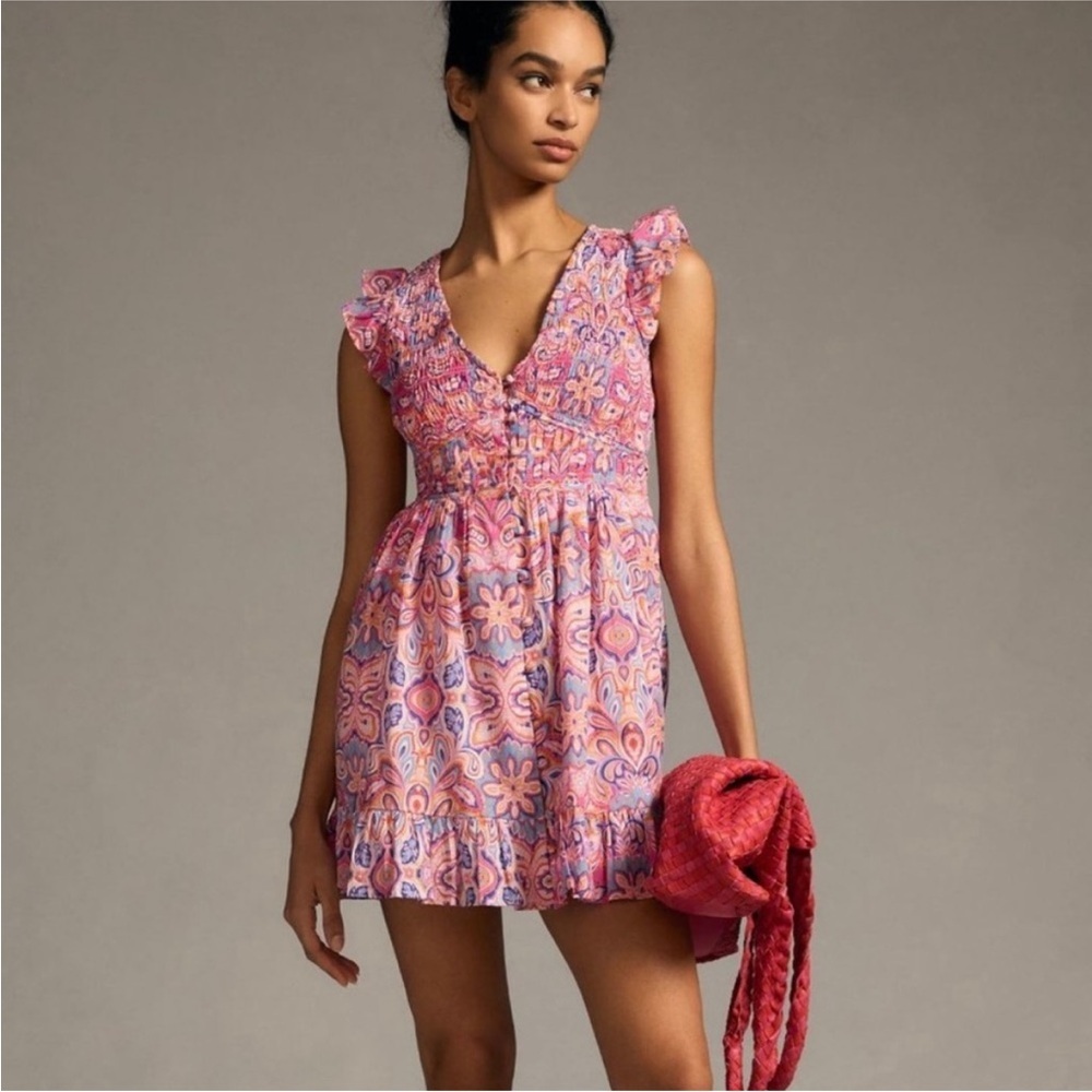 Anthropologie Pink Floral Mini Dress